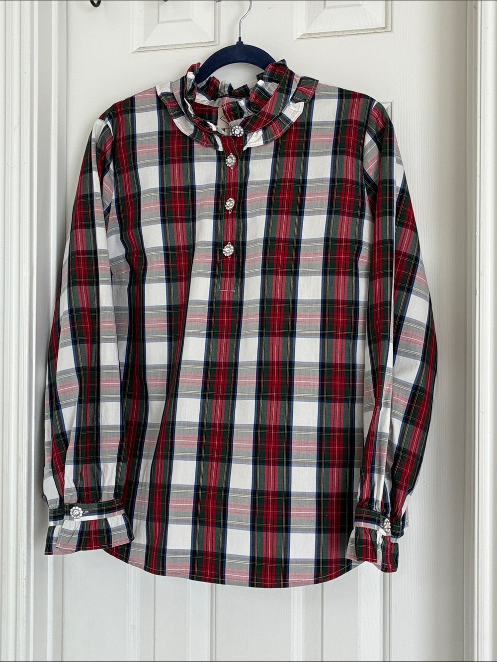 St. John's Bay Red Green Plaid Ruffle Collar Blouse